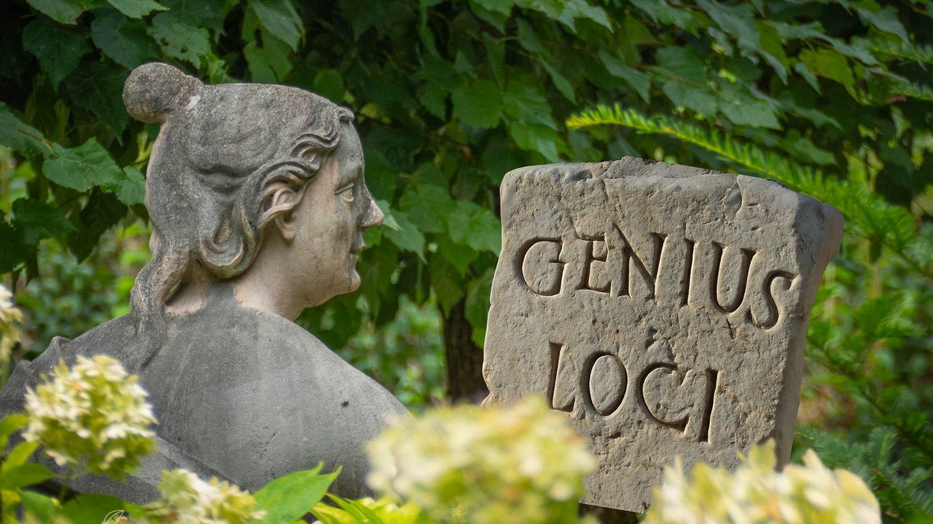 Steinerne Frauenbüste neben einer Tafel mit der lateinischen Inschrift Genius Loci, umrahmt von Weinlaub und Hortensien