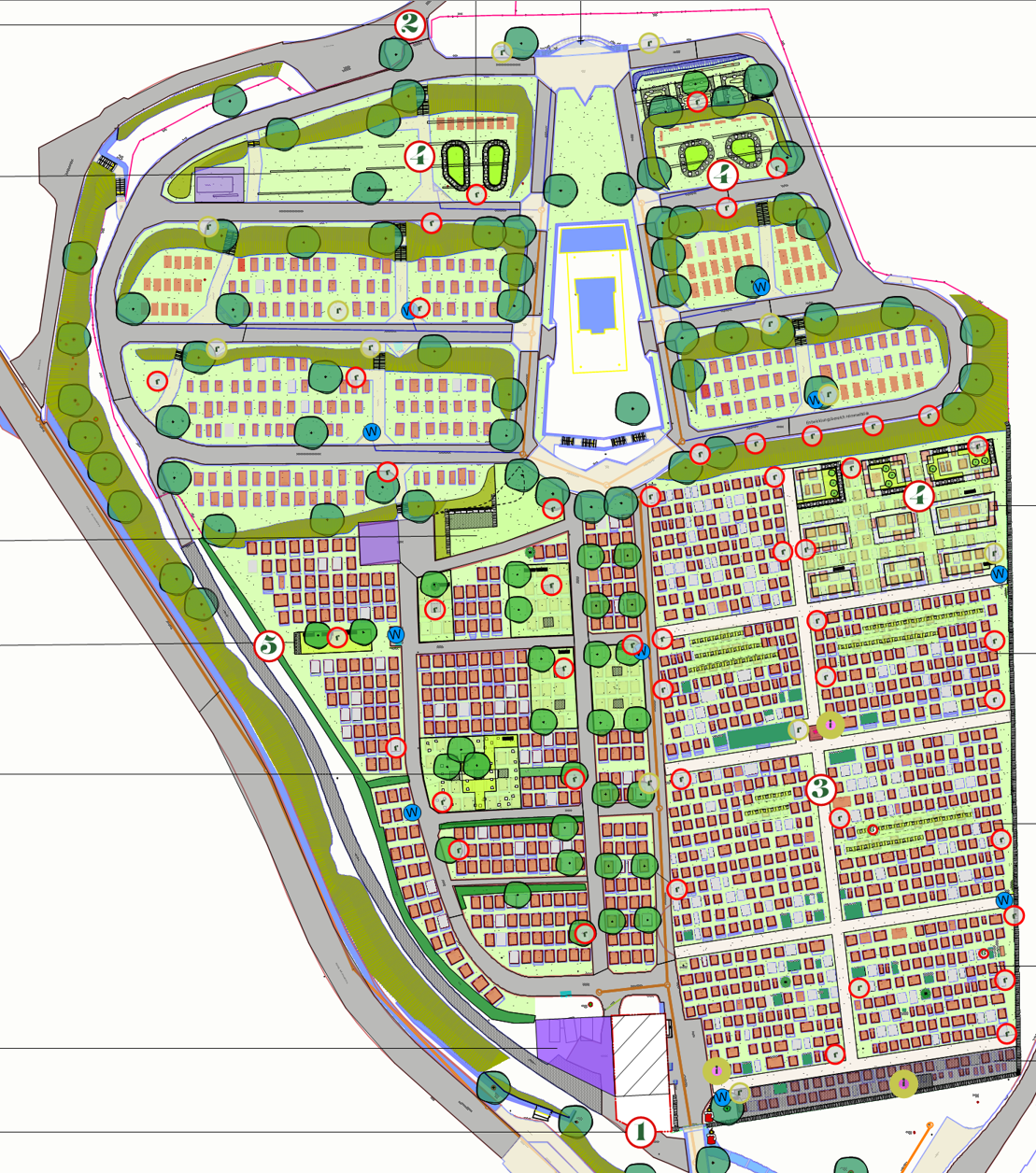 Entwicklungsplan für einen Friedhof mit Wegen, Baumstandorten und neuen räumlichen Bezügen.