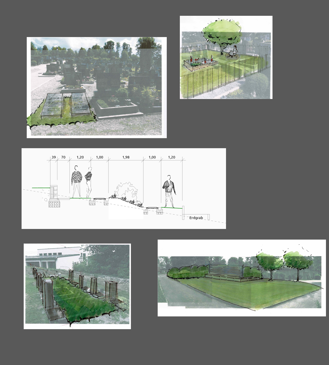 Atmosphärische Entwurfsbilder zur Friedhofsentwicklung mit stillen Aufenthaltsorten und neuen Raumideen.