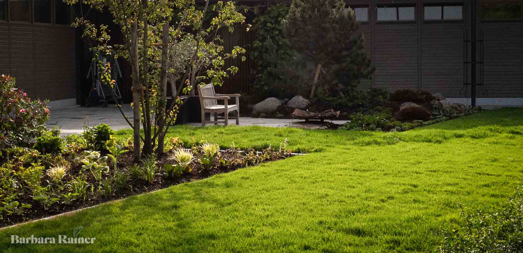 Licht und Gehölze prägen die Atmosphäre eines gewachsenen Gartenraums.