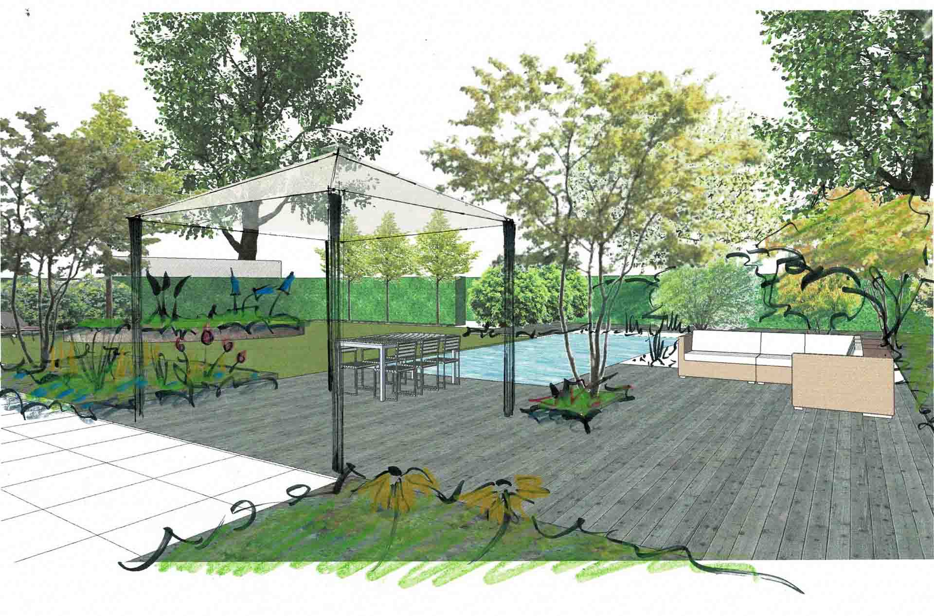 Perspektivische Skizze einer Gartenszene mit Terrasse und Pergola