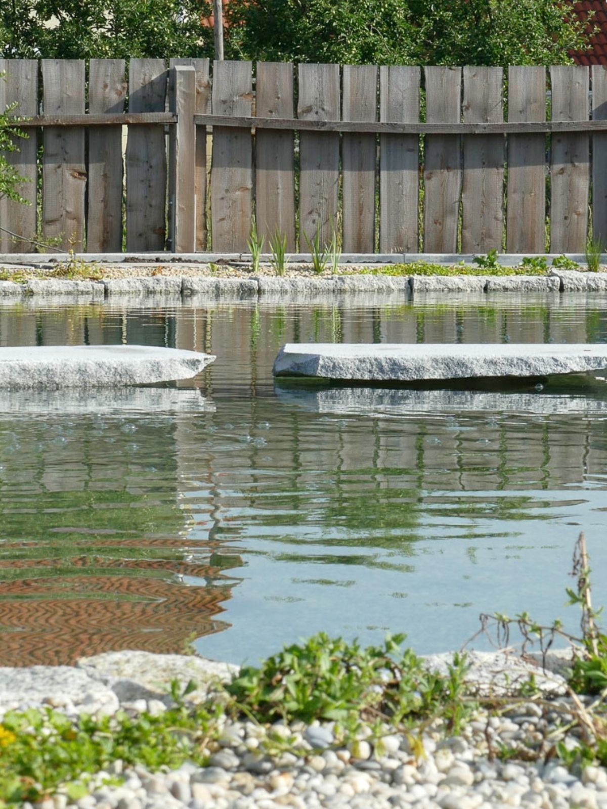 Naturschwimmteich mit Granittrittsteinen und Spiegelung im Wasser.
