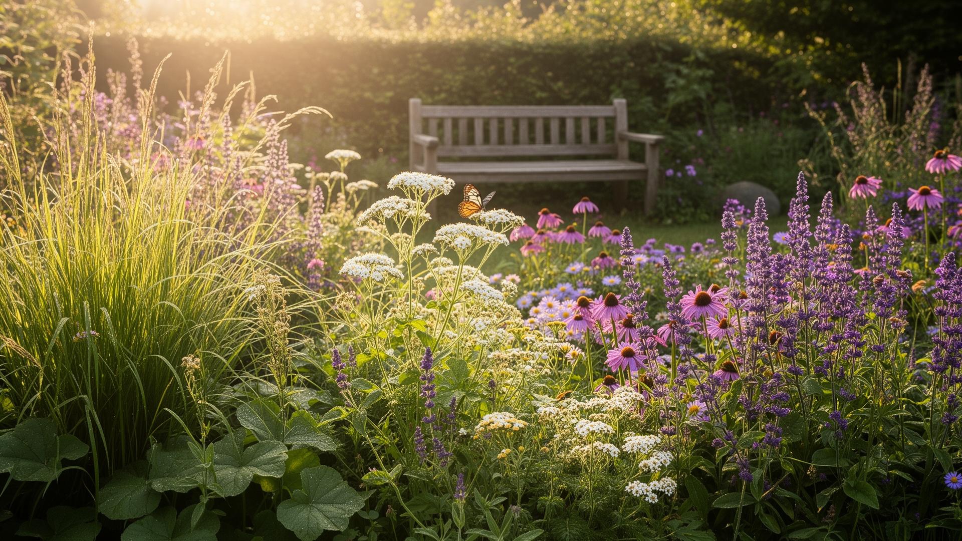 Üppiges naturnahes Staudenbeet mit Schafgarbe, Sonnenhut, Lavendel und Gräsern im warmen Morgenlicht, Schmetterling auf einer Blüte, alte Holzbank im Hintergrund