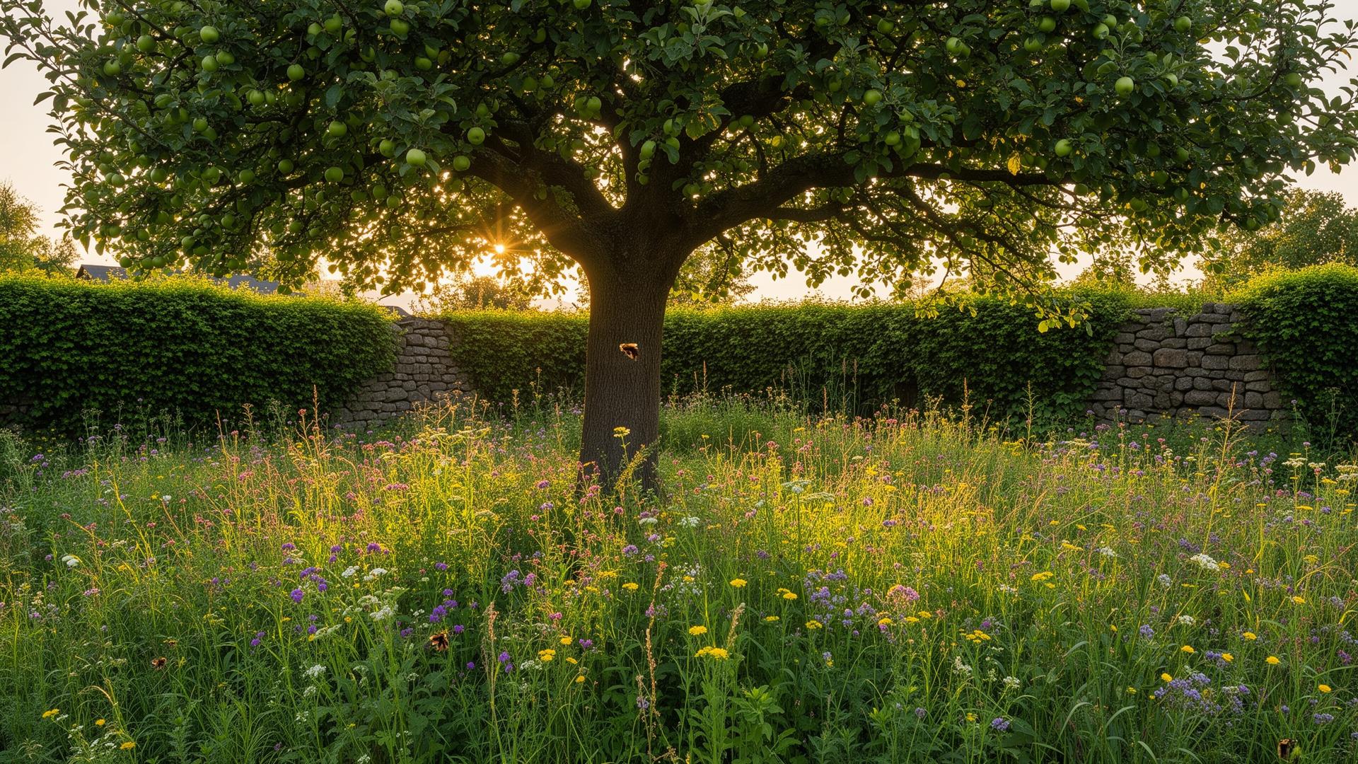 Schattenspendender alter Apfelbaum in einem naturnahen Garten, darunter eine Blumenwiese mit Wildstauden, Steinmauer im Hintergrund